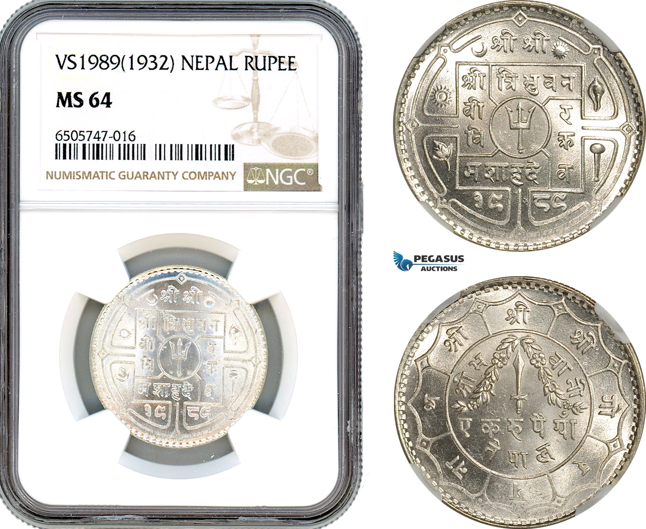 AH700, Nepal, Tribhuvan Bir Bikram Shah, 1 Rupee VS1989 (1932) Silver, NGC MS64