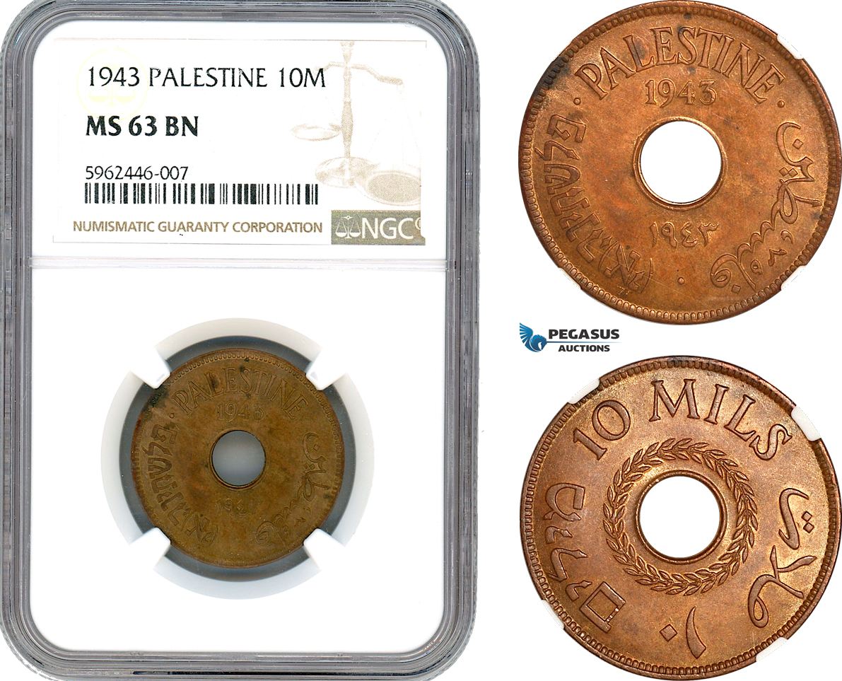 AH723, Palestine, 10 Mils 1943, London Mint, NGC MS63BN