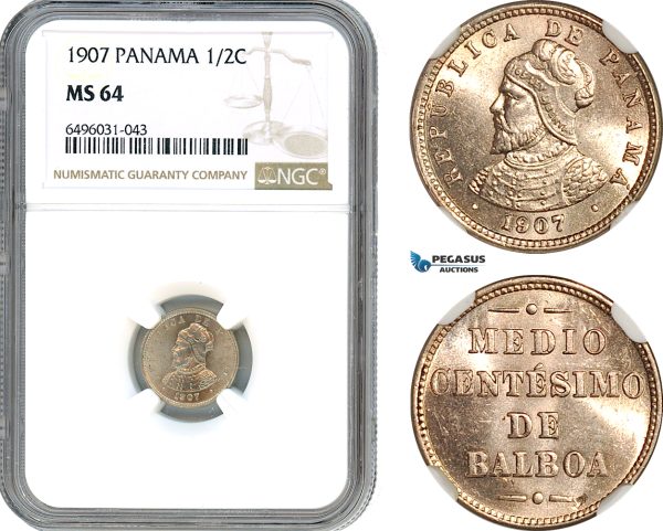 AH728, Panama, 1/2 Centesimo 1907, Philadelphia Mint, NGC MS64