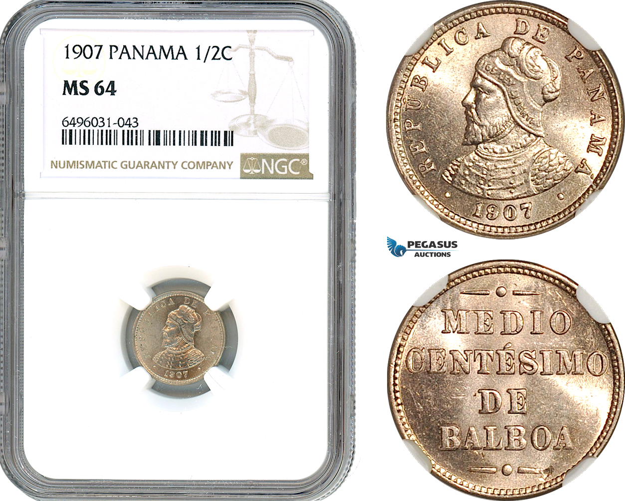 AH728, Panama, 1/2 Centesimo 1907, Philadelphia Mint, NGC MS64