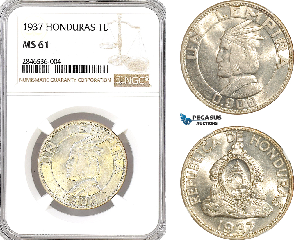 AH73, Honduras, 1 Lempira 1937, Philadelphia Mint, Silver, NGC MS61