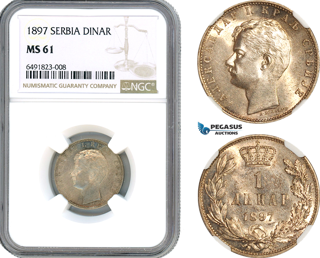 AH787, Serbia, Alexander I, 1 Dinar 1897, Vienna Mint, Silver, NGC MS61