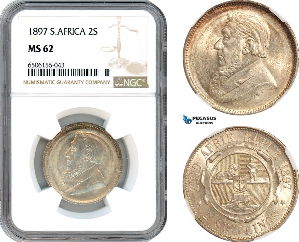 AH792, South Africa (ZAR) 2 Shillings 1897, Pretoria Mint, Silver, NGC MS62