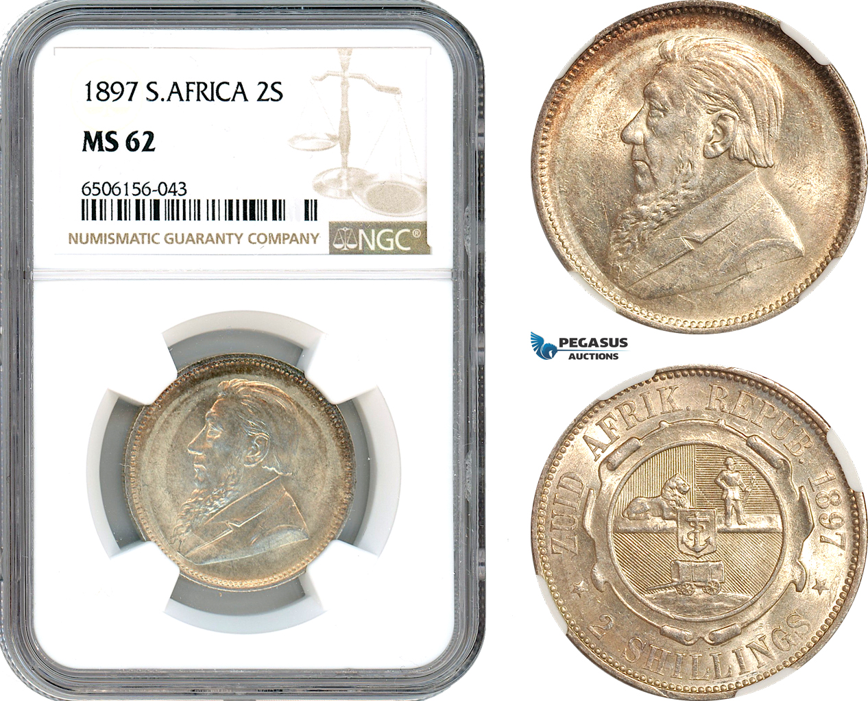AH792, South Africa (ZAR) 2 Shillings 1897, Pretoria Mint, Silver, NGC MS62