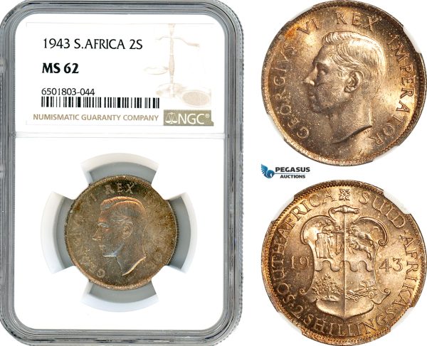 AH796, South Africa, George VI, 2 Shillings 1943, Pretoria Mint, Silver, NGC MS62