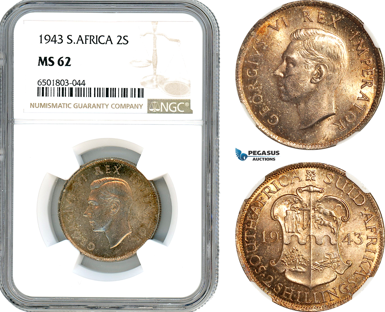AH796, South Africa, George VI, 2 Shillings 1943, Pretoria Mint, Silver, NGC MS62