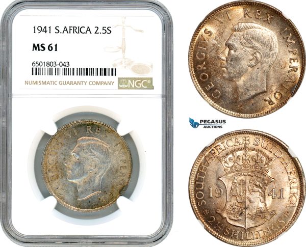 AH797, South Africa, George VI, 2 1/2 Shillings 1941, Pretoria Mint, Silver, NGC MS61
