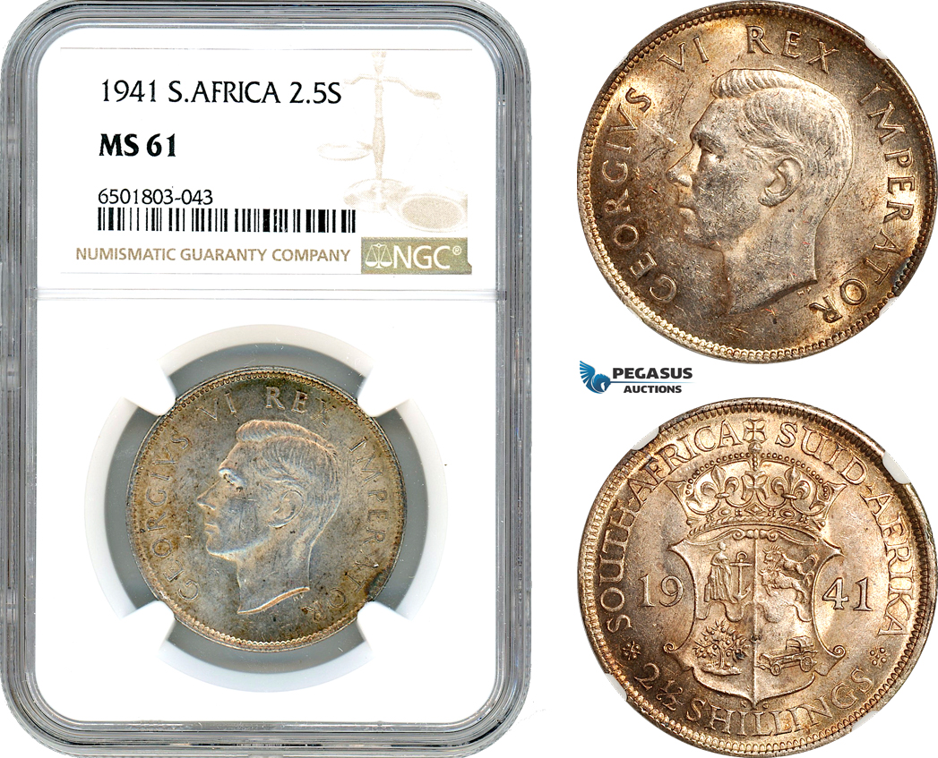 AH797, South Africa, George VI, 2 1/2 Shillings 1941, Pretoria Mint, Silver, NGC MS61