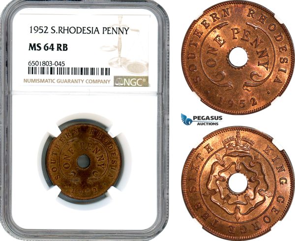 AH798, Southern Rhodesia (Zimbabwe), George VI, 1 Penny 1952, NGC MS64RB