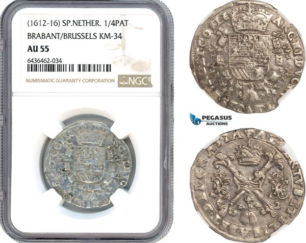 AH799, Spanish Netherlands, Albert & Isabella, 1/4 Patagon 1612-16, Brabant / Brussels Mint, Silver, NGC AU55, Top Pop 1/0