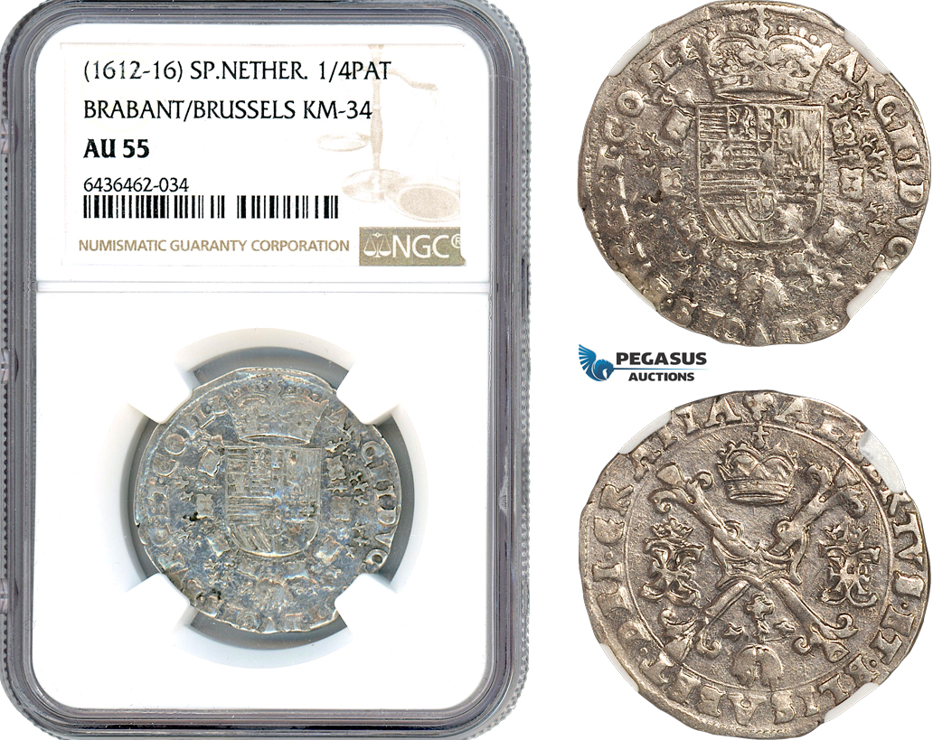 AH799, Spanish Netherlands, Albert & Isabella, 1/4 Patagon 1612-16, Brabant / Brussels Mint, Silver, NGC AU55, Top Pop 1/0