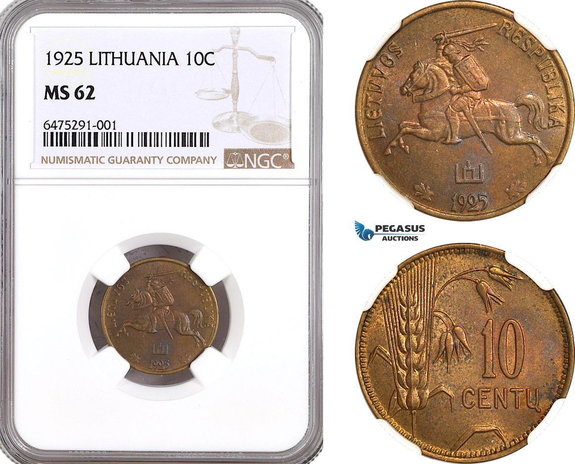 AH80, Lithuania, 10 Centu 1925, Birmingham Mint, NGC MS62