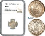 AH807, Switzerland, 1/2 Franc 1921 B, Bern Mint, Silver, NGC MS65