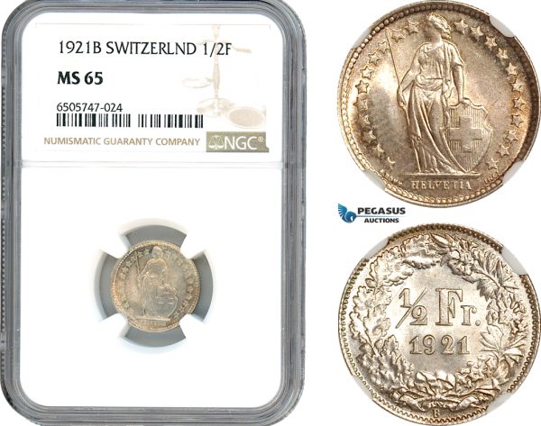 AH807, Switzerland, 1/2 Franc 1921 B, Bern Mint, Silver, NGC MS65