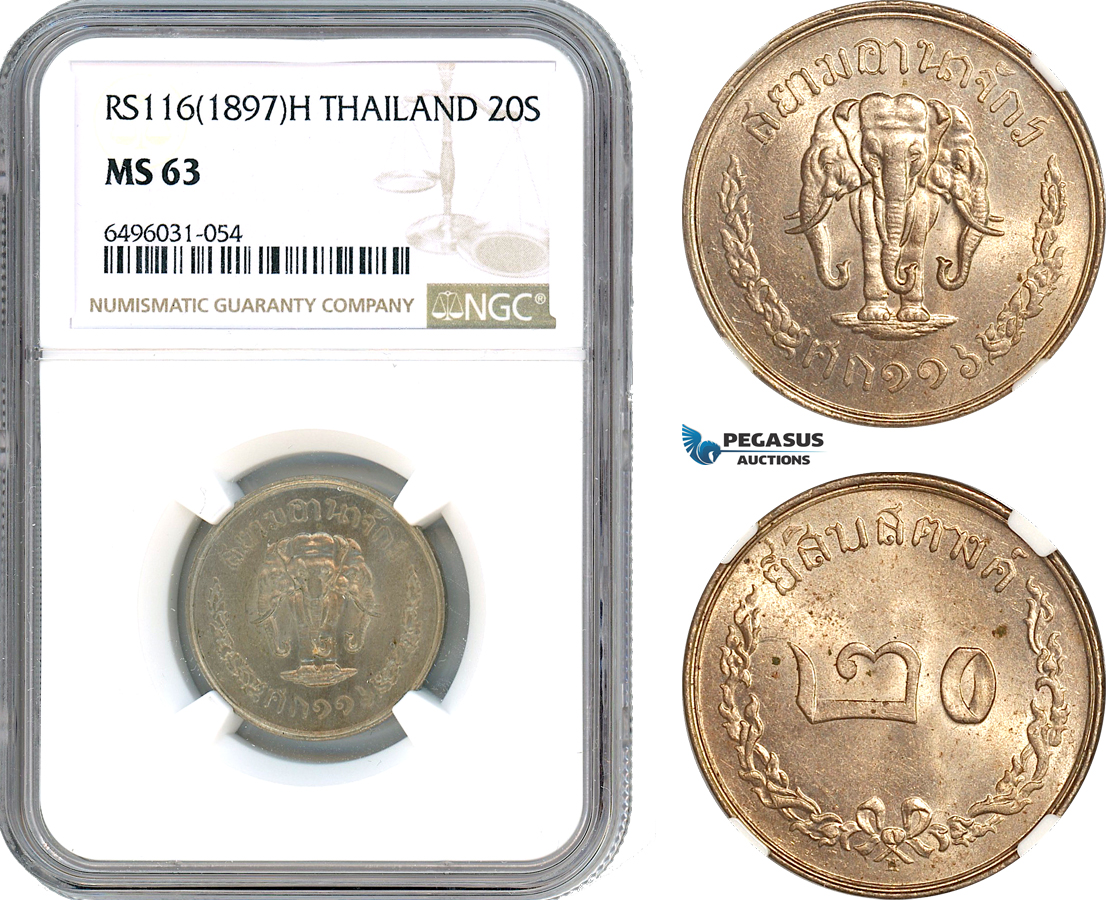AH813, Thailand, Rama V, 20 Satang RS116 (1897) H, Heaton Mint, NGC MS63