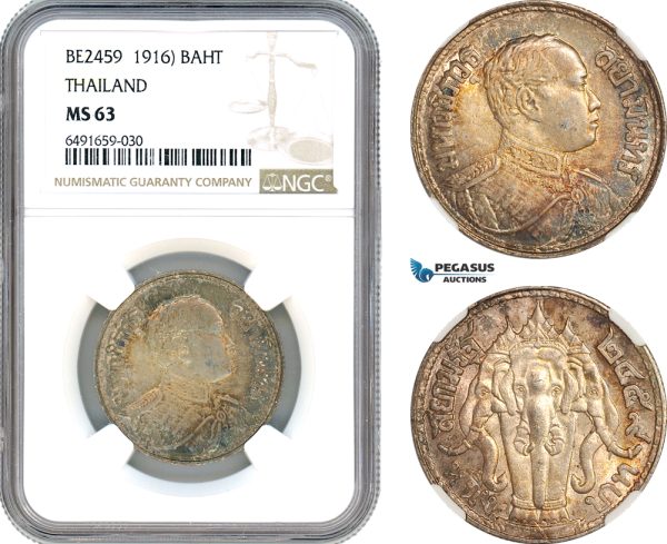 AH814, Thailand, Rama VI, 1 Baht BE2459 (1916) Silver, NGC MS63