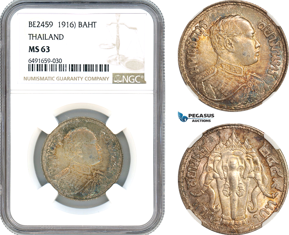 AH814, Thailand, Rama VI, 1 Baht BE2459 (1916) Silver, NGC MS63