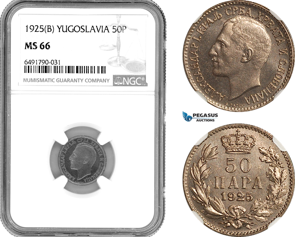 AH832, Yugoslavia, Alexander I, 50 Para 1925 B, Brussels Mint, NGC MS66