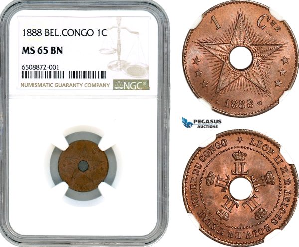 AH836, Belgian Congo, Leopold II, 1 Centime 1888, NGC MS65BN