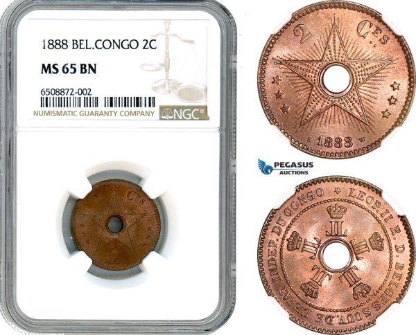 AH837, Belgian Congo, Leopold II, 2 Centimes 1888, NGC MS65BN