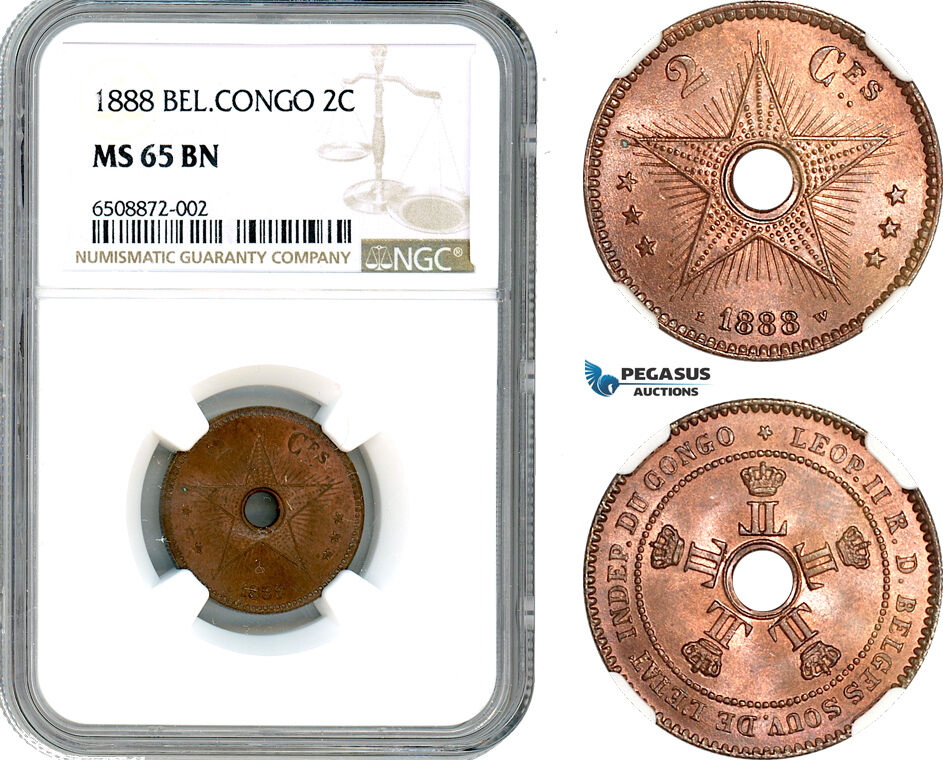 AH837, Belgian Congo, Leopold II, 2 Centimes 1888, NGC MS65BN