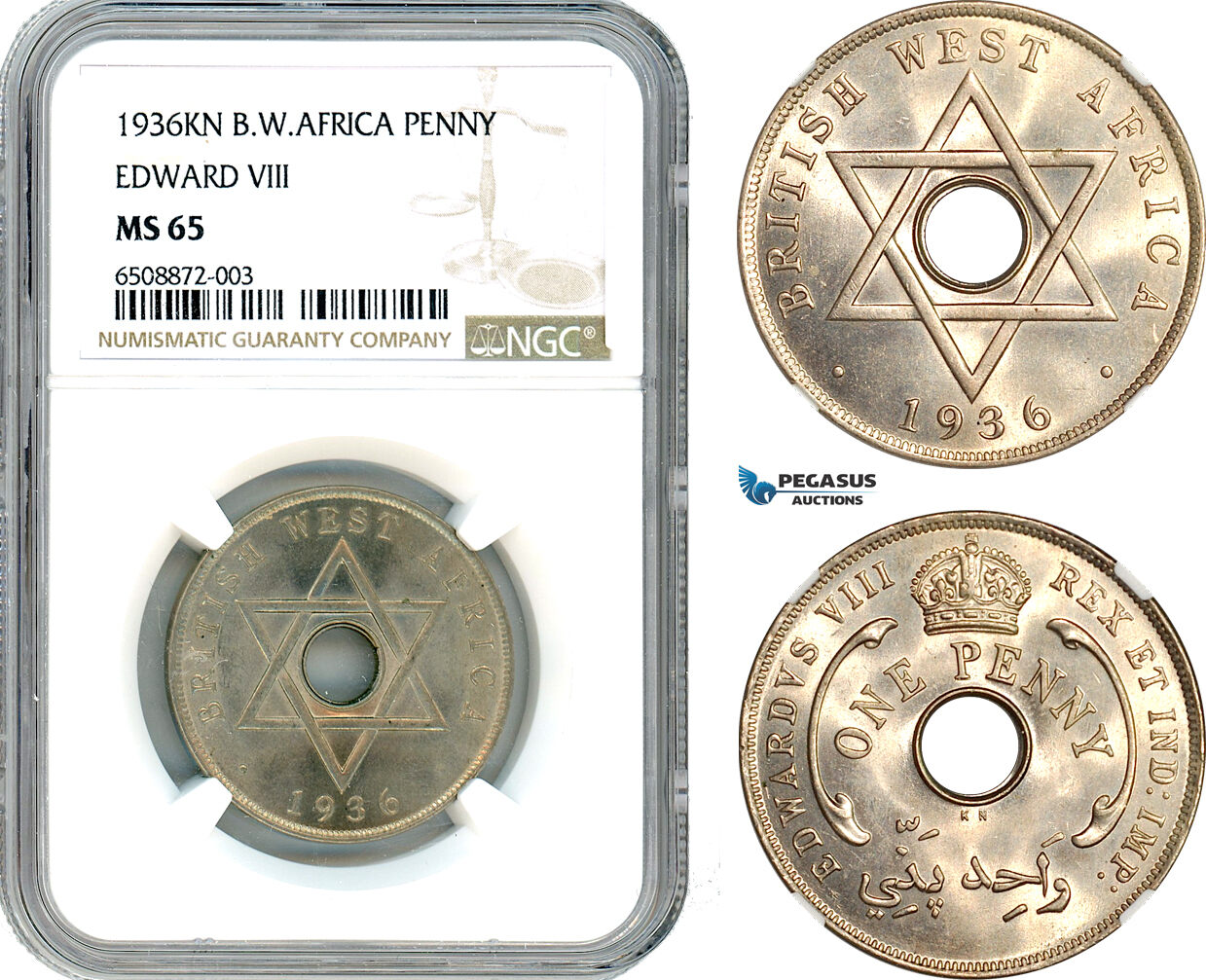 AH840, British West Africa, Edward VIII, 1 Penny 1936 KN, Kings Norton Mint, NGC MS65