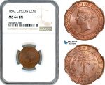 AH845, Ceylon, Victoria, 1 Cent 1892, Calcutta Mint, NGC MS64BN