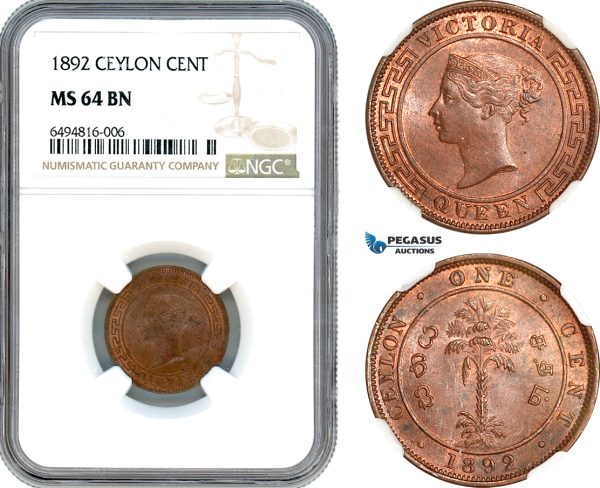 AH845, Ceylon, Victoria, 1 Cent 1892, Calcutta Mint, NGC MS64BN