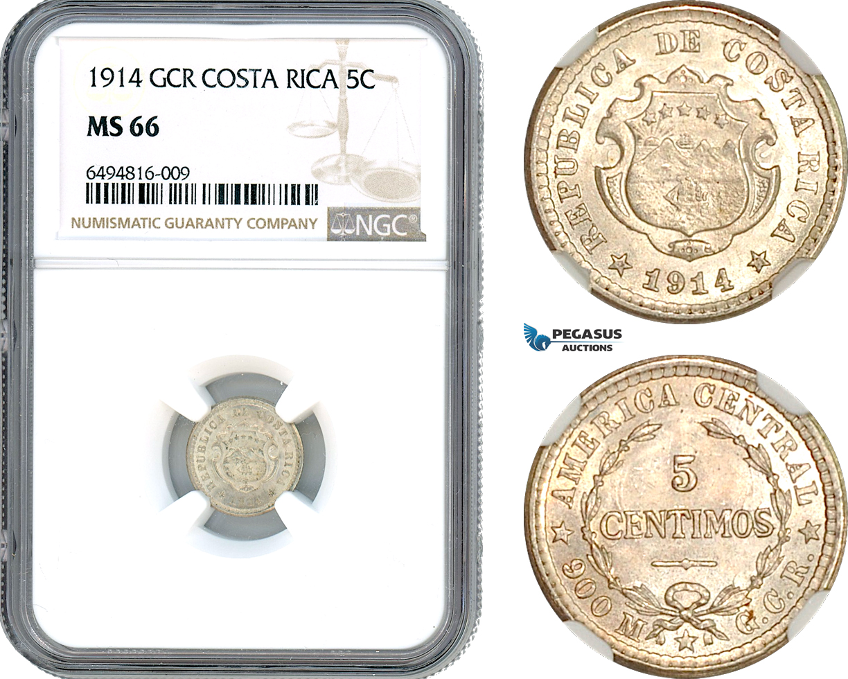 AH851, Costa Rica, 5 Centimos 1914 GCR, Philadelphia Mint, Silver, NGC MS66