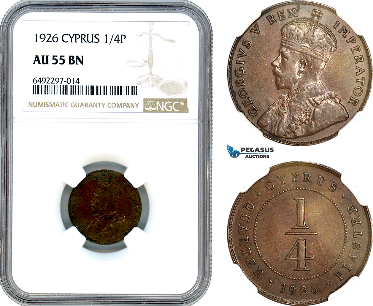 AH852, Cyprus, George V, 1/4 Piastre 1926, London Mint, NGC AU55BN