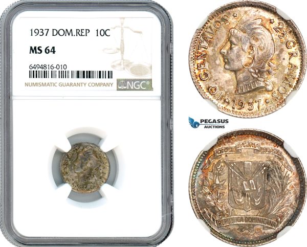 AH853, Dominican Republic, 10 Centavos 1937, Silver, NGC MS64