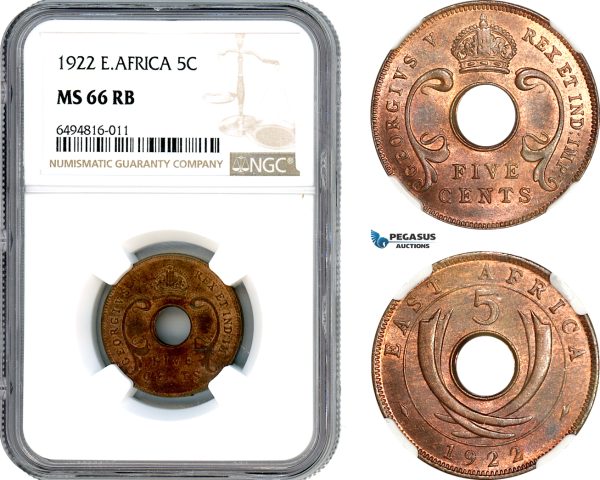 AH854, British East Africa, George V, 5 Cents 1922, NGC MS66RB, Pop 1/0