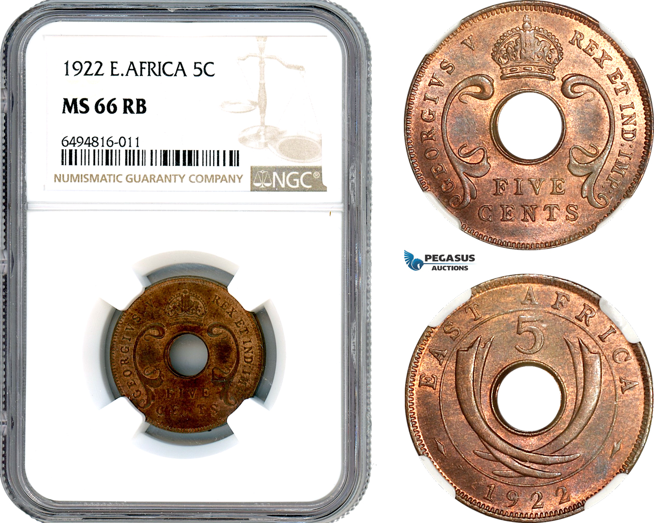 AH854, British East Africa, George V, 5 Cents 1922, NGC MS66RB, Pop 1/0