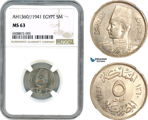 AH855, Egypt, Fuad, 5 Milliemes AH1360//1941, NGC MS63
