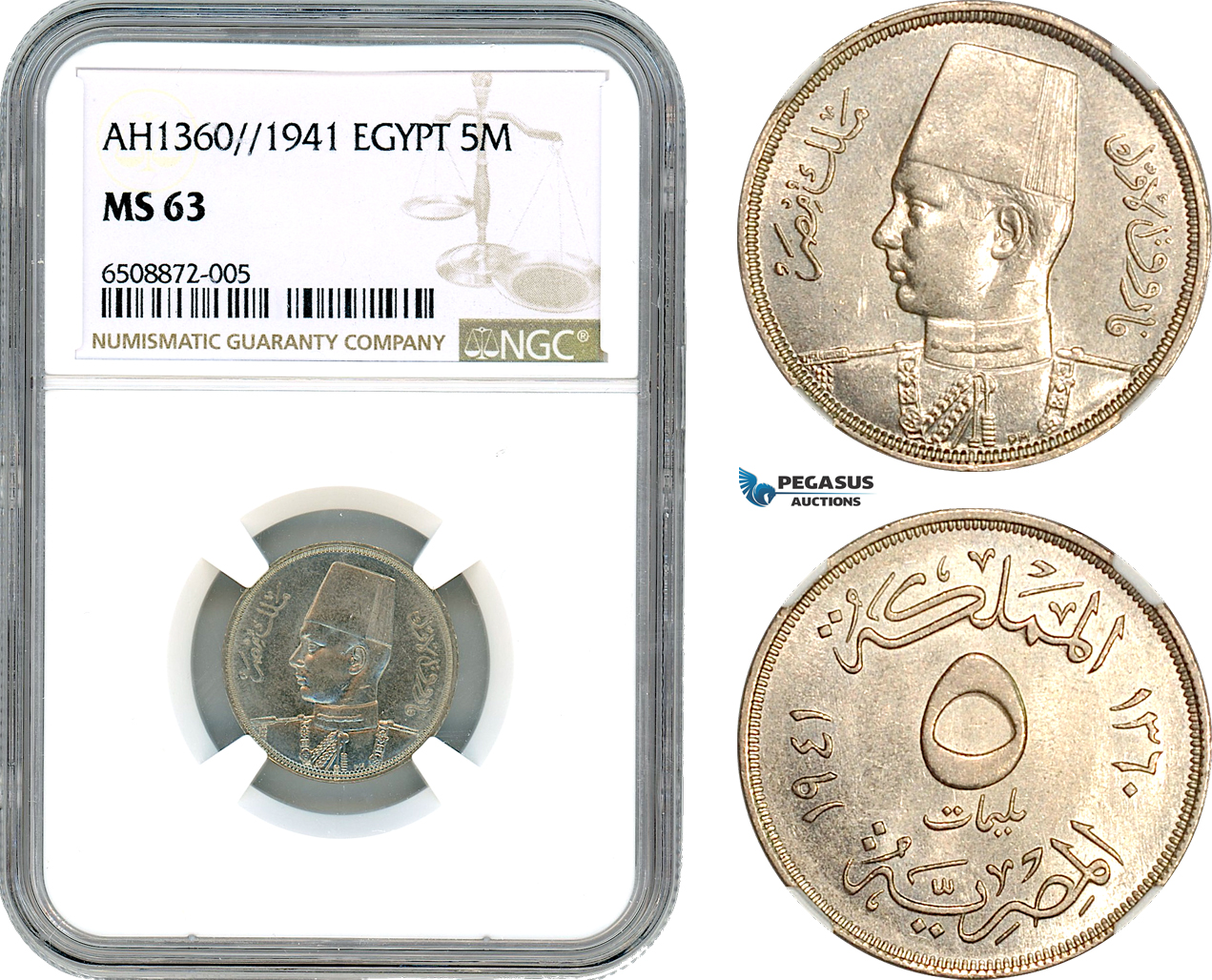 AH855, Egypt, Fuad, 5 Milliemes AH1360//1941, NGC MS63
