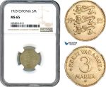 AH856, Estonia, 3 Marka 1925, NGC MS65, Top Pop!