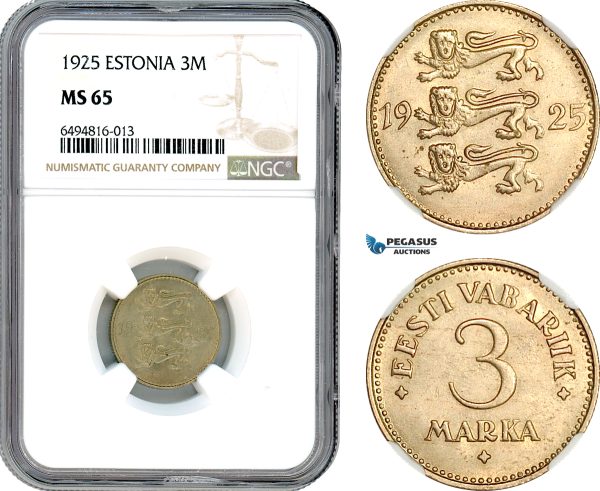 AH856, Estonia, 3 Marka 1925, NGC MS65, Top Pop!