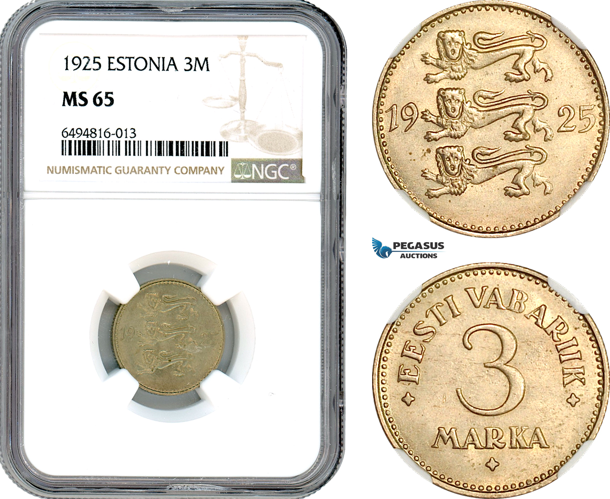 AH856, Estonia, 3 Marka 1925, NGC MS65, Top Pop!