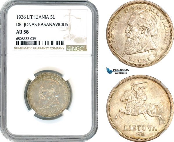 AH887, Lithuania, 5 Litai 1936, Jonas Basanavicius, Silver, NGC AU58