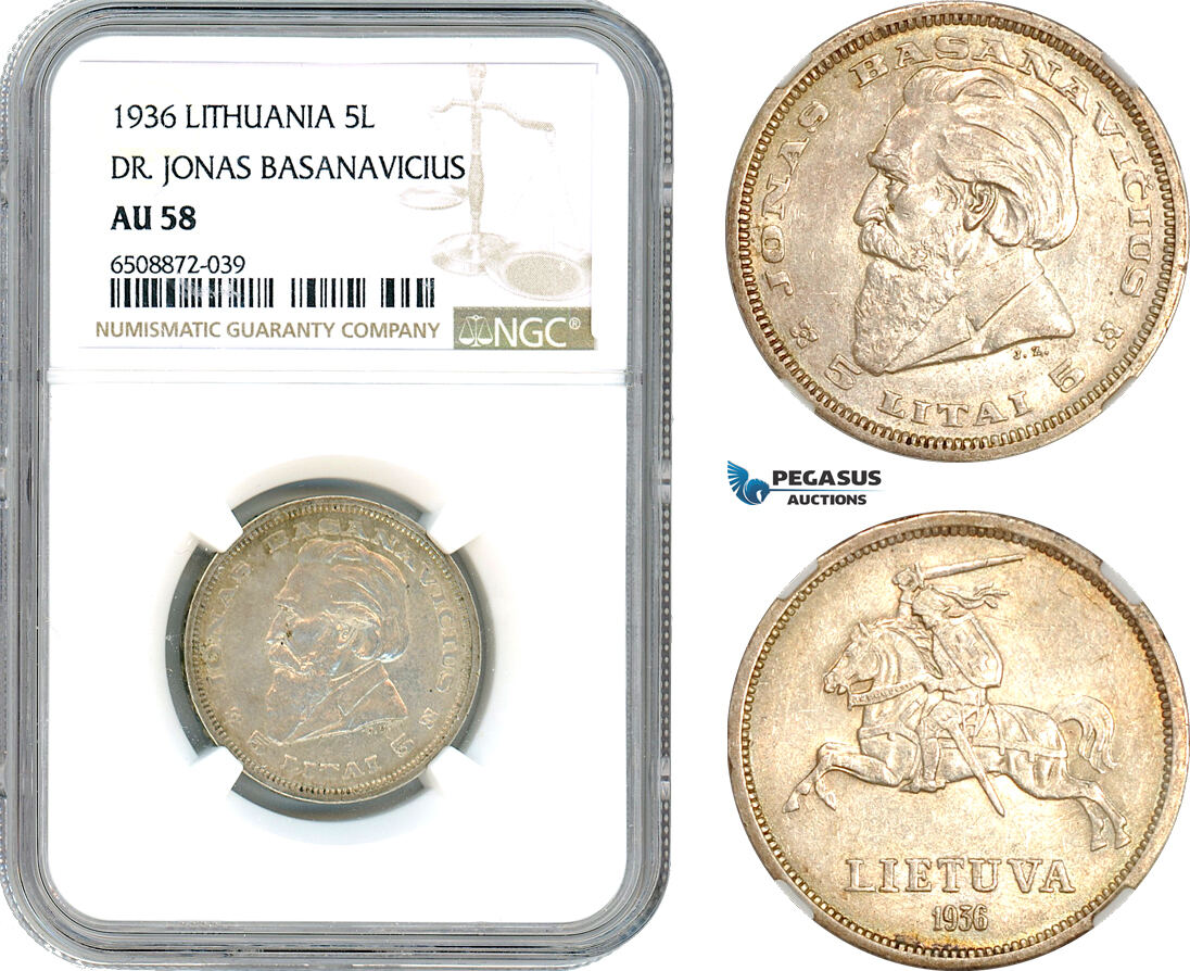AH887, Lithuania, 5 Litai 1936, Jonas Basanavicius, Silver, NGC AU58