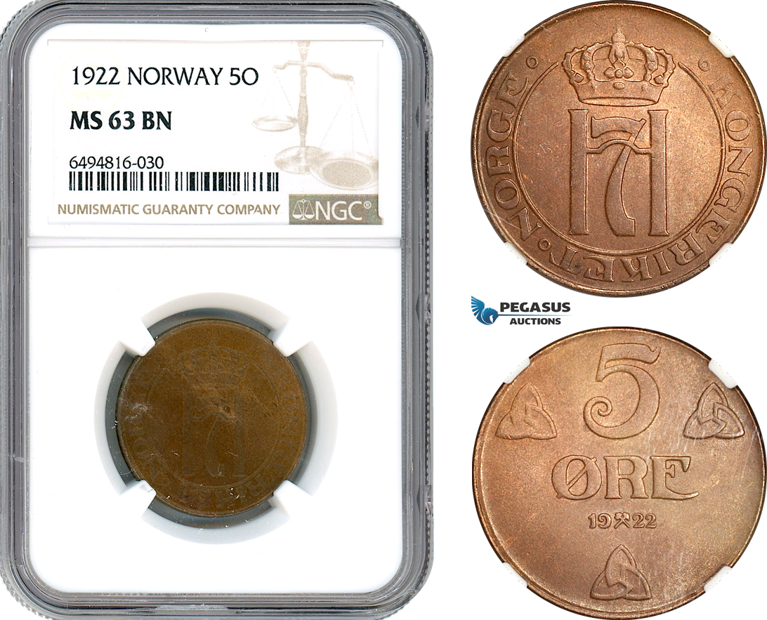 AH890, Norway, Haakon VII, 5 Øre 1922, Kongsberg Mint, NGC MS63BN, Top Pop!