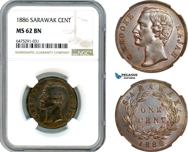 AH896, Sarawak, C. Brooke Rajah, 1 Cent 1886, Heaton Mint, NGC MS62BN