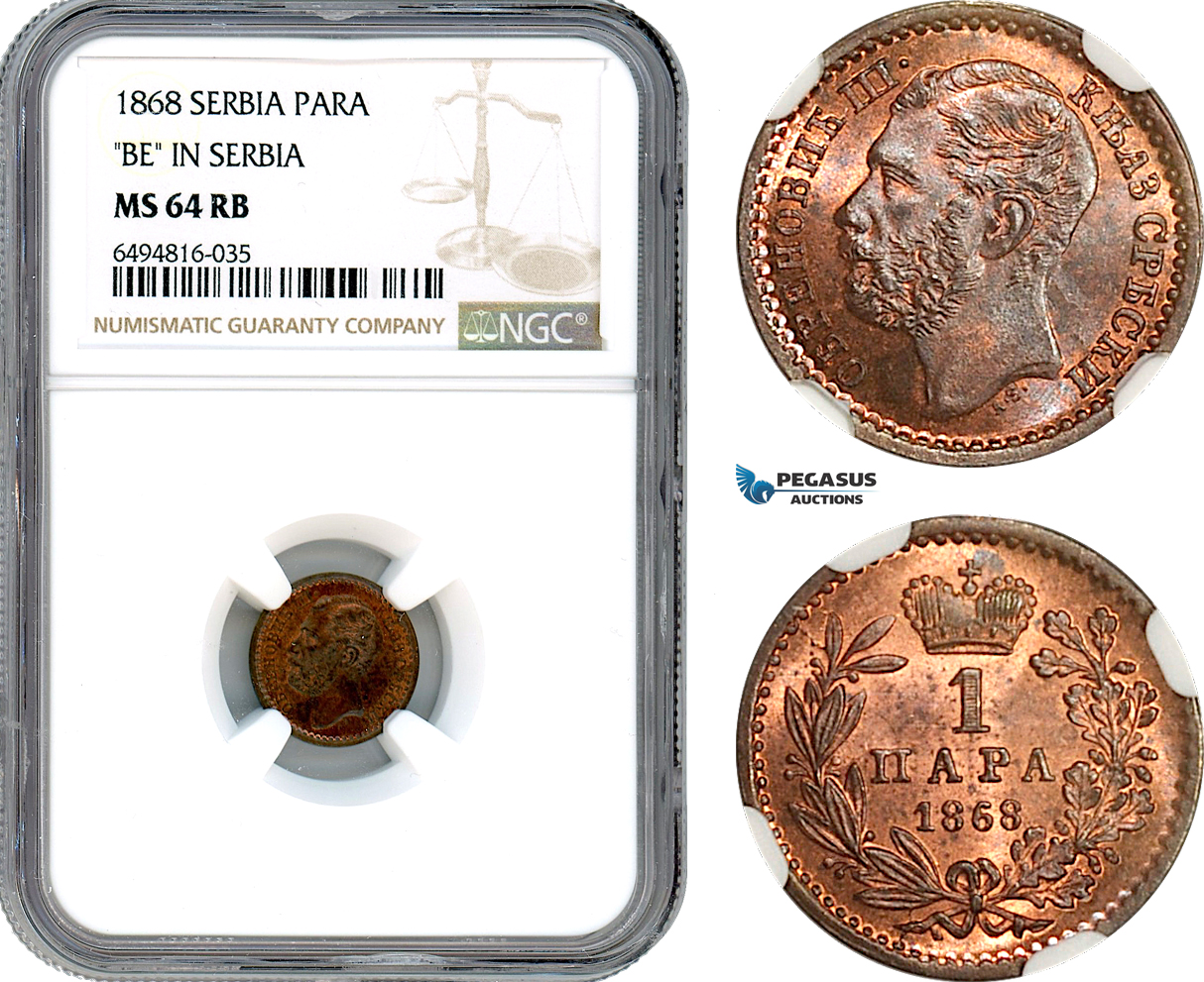AH899, Serbia, M. Obrenovic III, 1 Para 1868, "BE in Serbia" NGC MS64RB