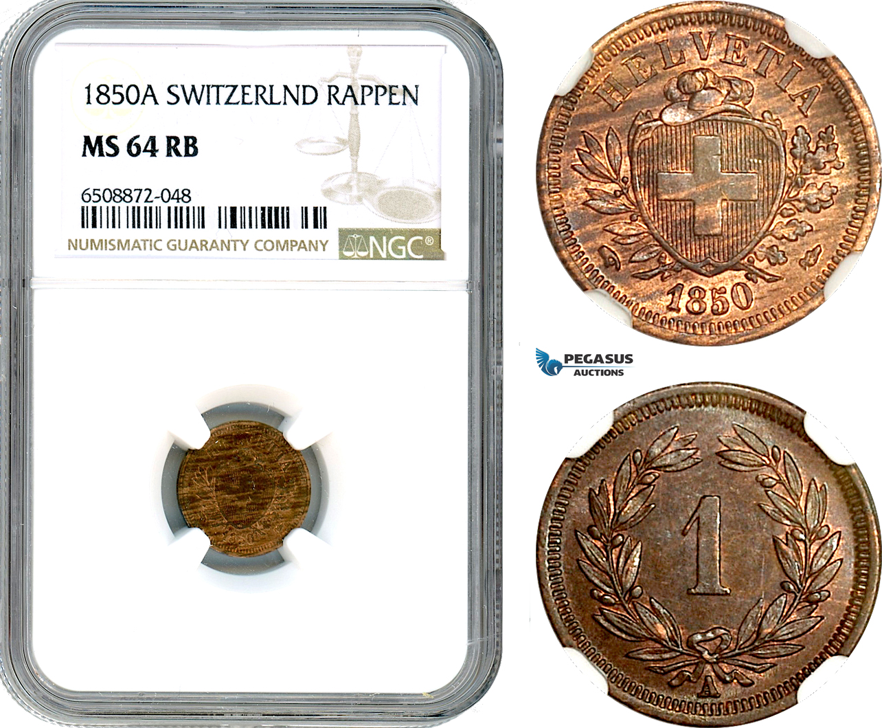 AH902, Switzerland, 1 Rappen 1850 A, Paris Mint, NGC MS64RB