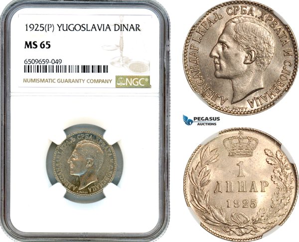 AH904, Yugoslavia, Alexander I, 1 Dinar 1925 P, Poissy Mint, NGC MS65