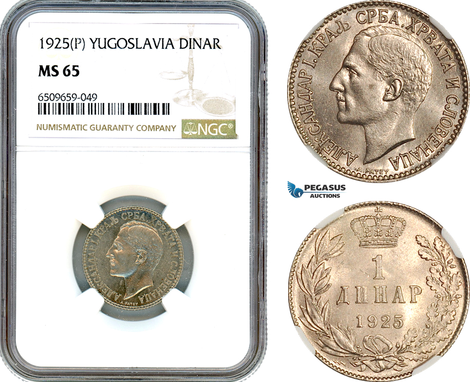 AH904, Yugoslavia, Alexander I, 1 Dinar 1925 P, Poissy Mint, NGC MS65