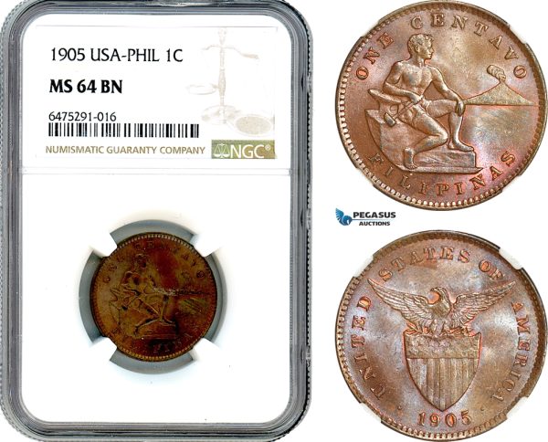 AH905, Philippines (US Administration) 1 Centavo 1905, Philadelphia Mint, NGC MS64BN