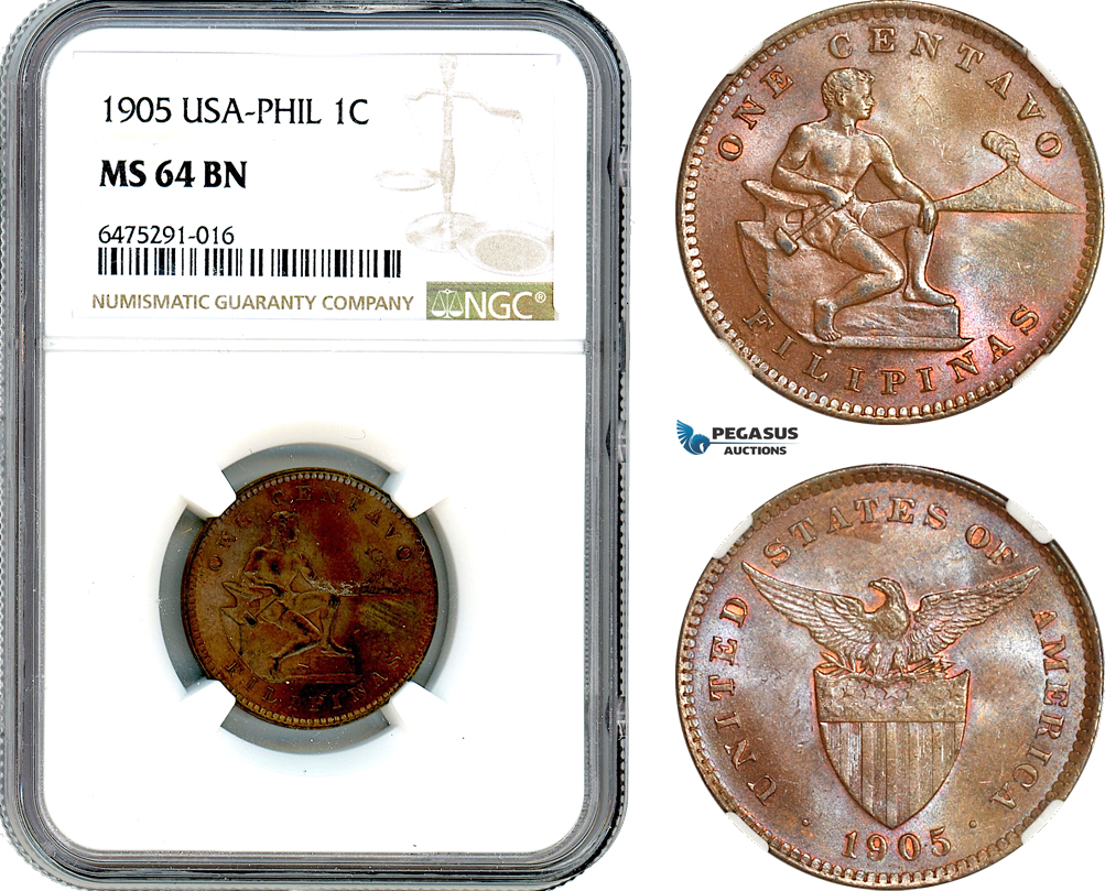 AH905, Philippines (US Administration) 1 Centavo 1905, Philadelphia Mint, NGC MS64BN