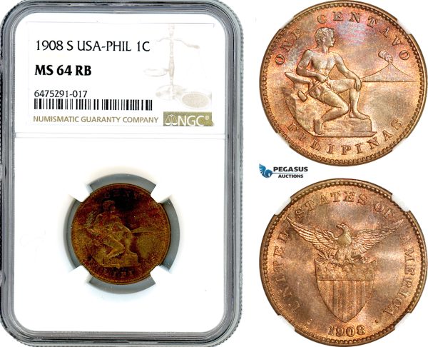 AH906, Philippines (US Administration) 1 Centavo 1908 S, San Francisco Mint, NGC MS64RB