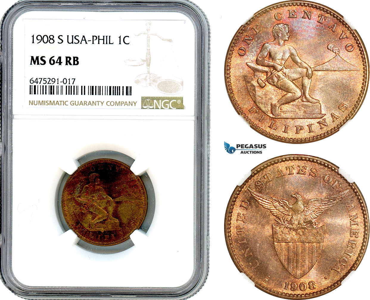 AH906, Philippines (US Administration) 1 Centavo 1908 S, San Francisco Mint, NGC MS64RB